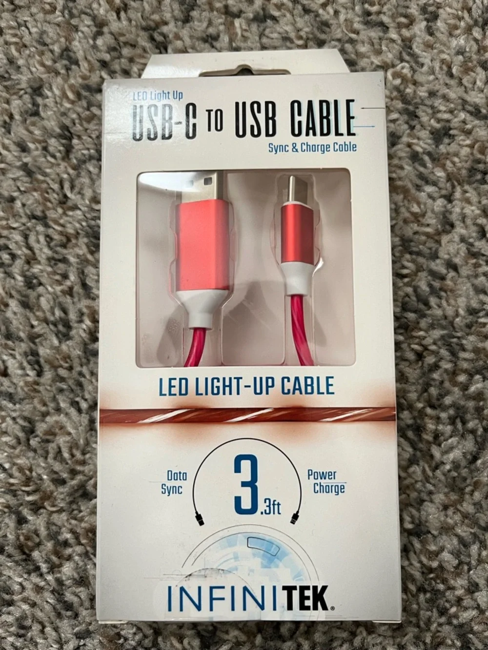 LED Light-Up USB-C to USB Cable - Red/Pink 3ft